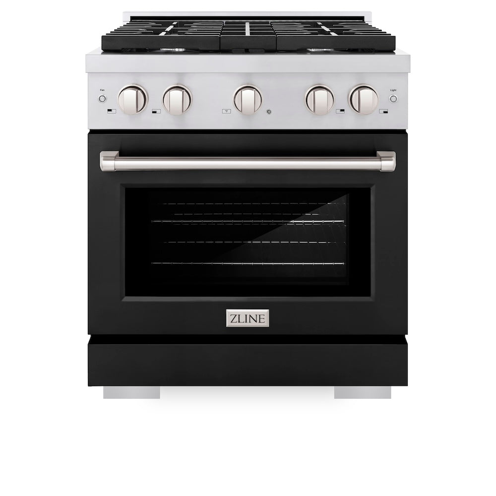 ZLINE 30 in. 4.2 cu. ft. Paramount Gas Range with 4 Burner Cooktop and Convection Gas Oven in Stainless Steel with Black Matte Door (SGR-BLM-30) front, oven closed.