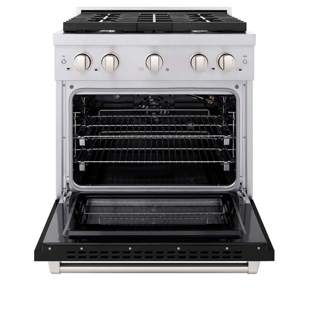 ZLINE 30 in. 4.2 cu. ft. 4 Burner Gas Range with Convection Gas Oven in Stainless Steel with Black Matte Door (SGR-BLM-30) front, oven open.