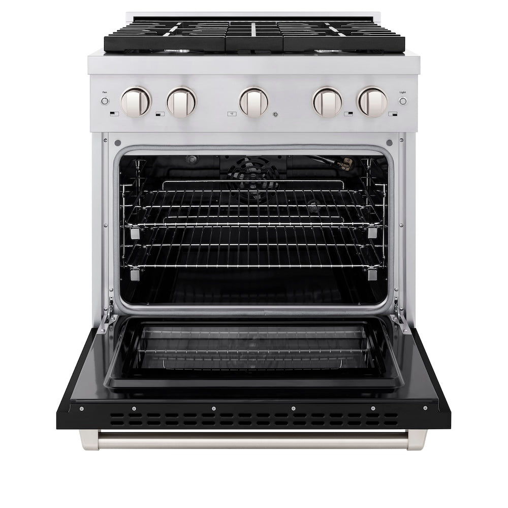 ZLINE 30 in. 4.2 cu. ft. Paramount Gas Range with 4 Burner Cooktop and Convection Gas Oven in Stainless Steel with Black Matte Door (SGR-BLM-30) front, oven open.