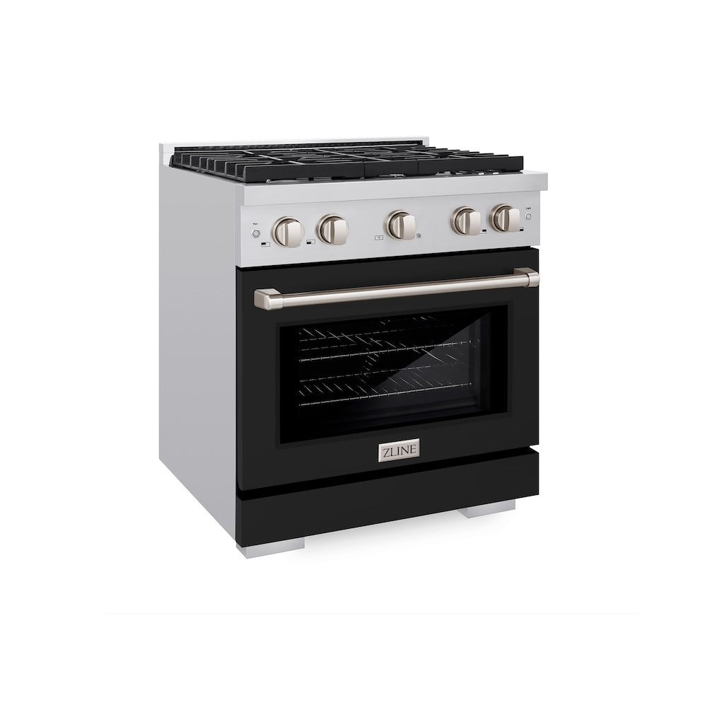 ZLINE 30 in. 4.2 cu. ft. Paramount Gas Range with 4 Burner Cooktop and Convection Gas Oven in Stainless Steel with Black Matte Door (SGR-BLM-30) main image.