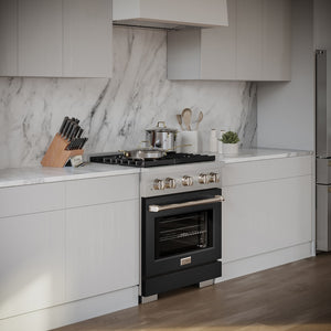 ZLINE 30 in. 4.2 cu. ft. Paramount Gas Range with 4 Burner Cooktop and Convection Gas Oven in Stainless Steel with Black Matte Door (SGR-BLM-30) in a luxury kitchen.