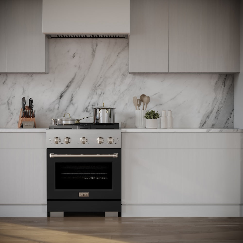 ZLINE 30 in. 4.2 cu. ft. Paramount Gas Range with 4 Burner Cooktop and Convection Gas Oven in Stainless Steel with Black Matte Door (SGR-BLM-30) in a luxury kitchen.