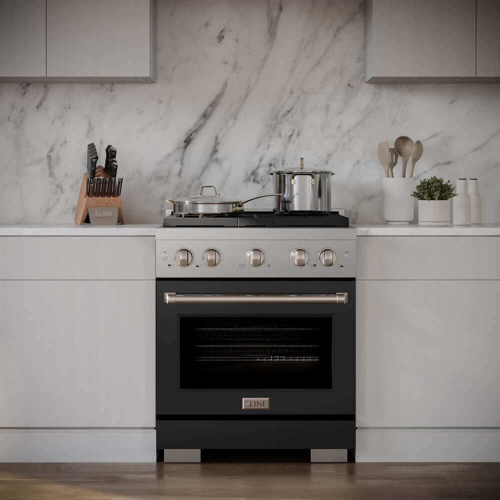 ZLINE 30 in. Gas Range in Stainless Steel with Black Matte Door (SGR-BLM-30) in a luxury cottage-style kitchen, close-up