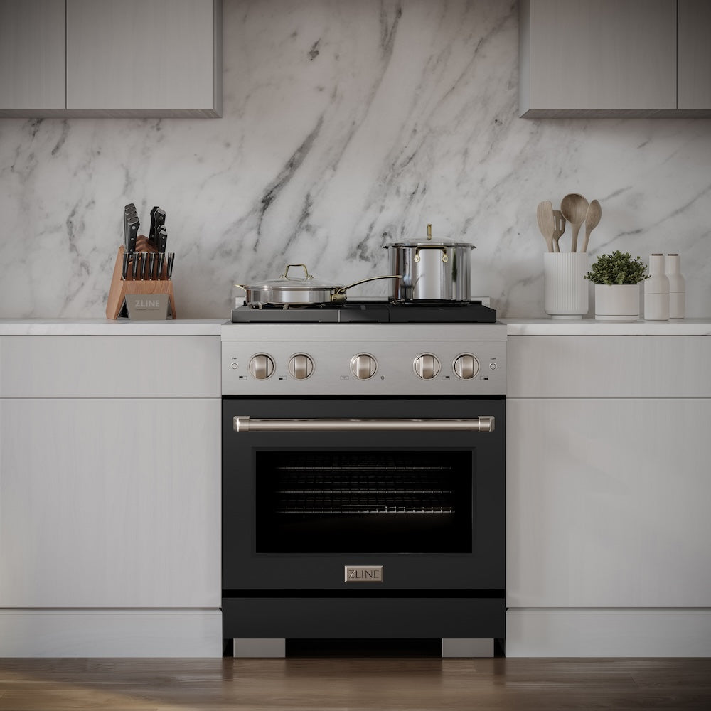 ZLINE 30 in. 4.2 cu. ft. Paramount Gas Range with 4 Burner Cooktop and Convection Gas Oven in Stainless Steel with Black Matte Door (SGR-BLM-30) in a luxury kitchen.