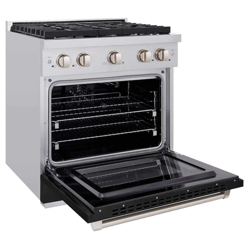ZLINE 30 in. 4.2 cu. ft. 4 Burner Gas Range with Convection Gas Oven in Stainless Steel with Black Matte Door (SGR-BLM-30) side, oven open.