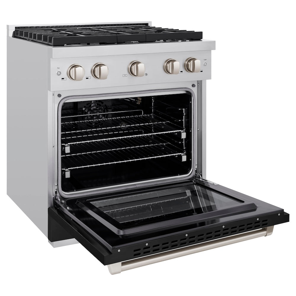 ZLINE 30 in. 4.2 cu. ft. Paramount Gas Range with 4 Burner Cooktop and Convection Gas Oven in Stainless Steel with Black Matte Door (SGR-BLM-30) side, open.