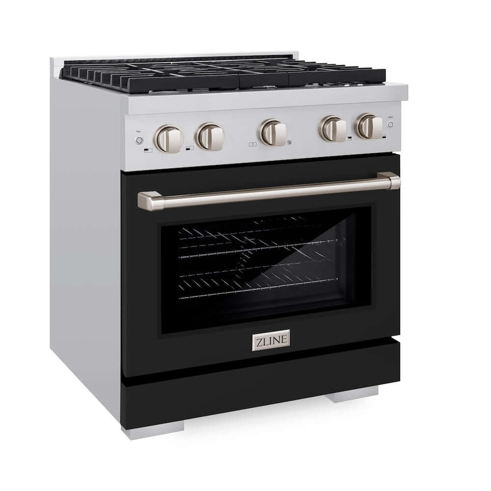 ZLINE 30 in. 4.2 cu. ft. 4 Burner Gas Range with Convection Gas Oven in Stainless Steel with Black Matte Door (SGR-BLM-30) side, oven closed.