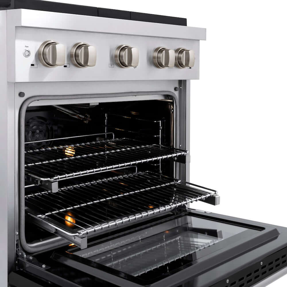 ZLINE 30-inch Gas Range with Black Matte Oven Door (SGR-BLM-30) with oven door open and adjustable racks extended.