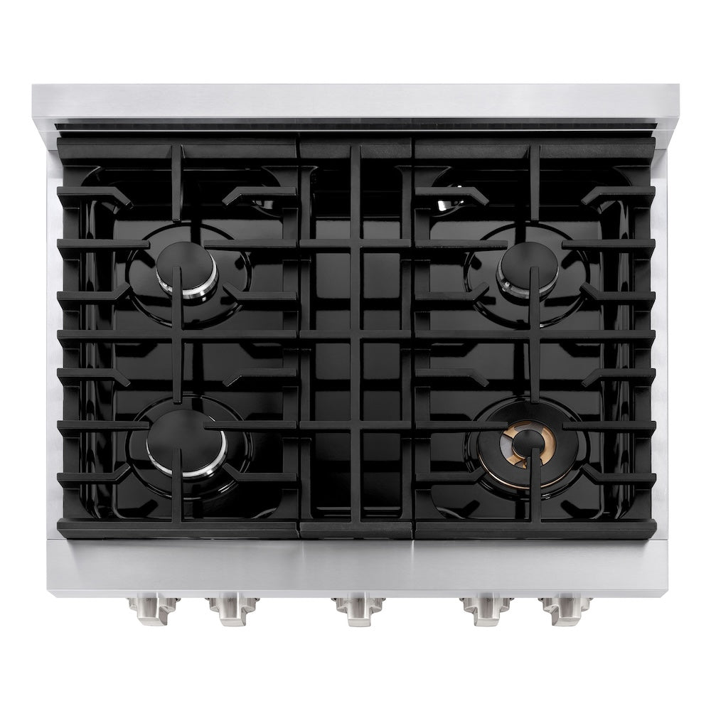 ZLINE 30 in. 4.2 cu. ft. Paramount Gas Range with 4 Burner Cooktop and Convection Gas Oven in Stainless Steel with Black Matte Door (SGR-BLM-30) top-down, above cooktop.