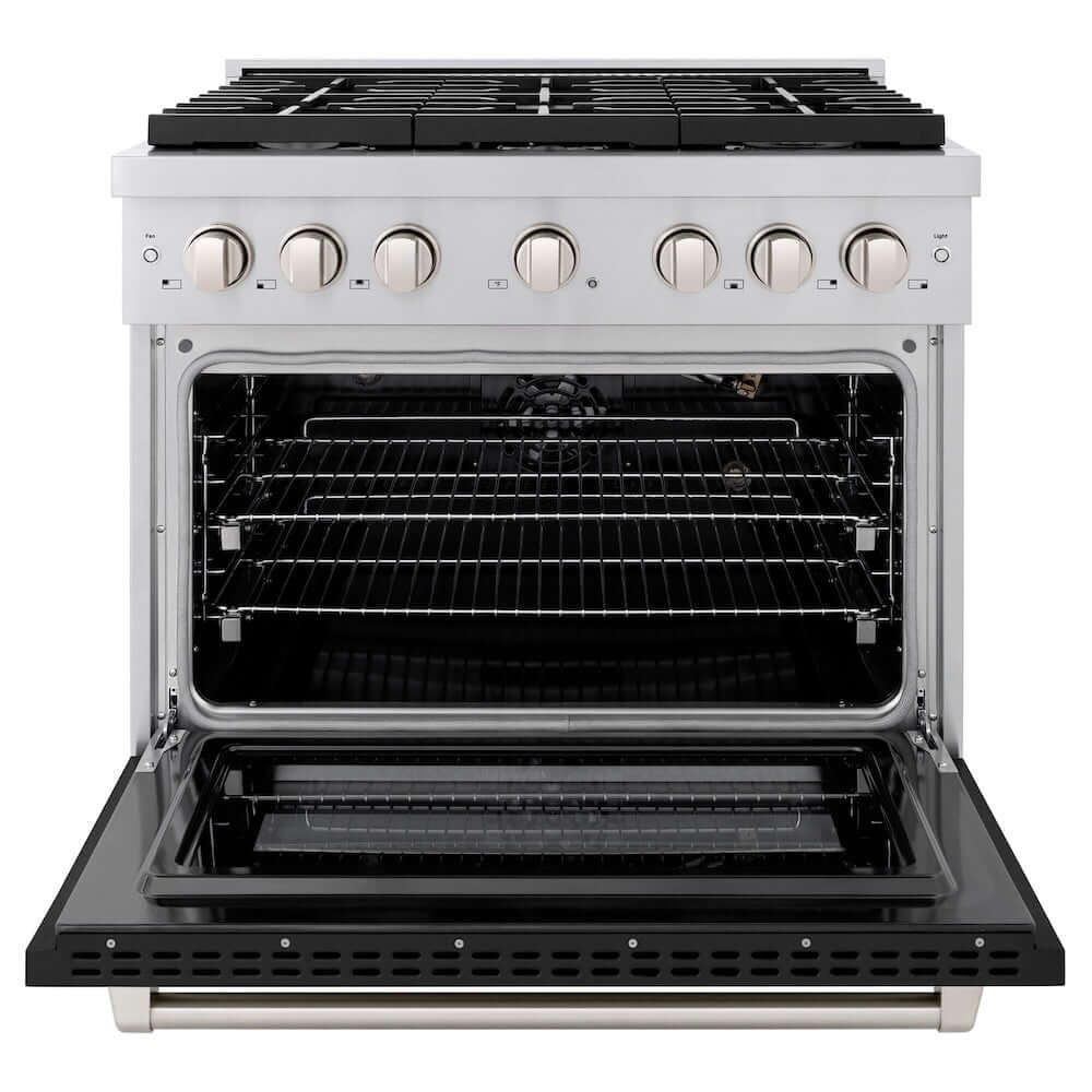 ZLINE 36 in. 5.2 cu. ft. 6 Burner Gas Range with Convection Gas Oven in Stainless Steel with Black Matte Door (SGR-BLM-36) front, oven open.