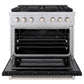 ZLINE 36 in. 5.2 cu. ft. Paramount Gas Range with 6 Burner Cooktop and Convection Gas Oven in Stainless Steel with Black Matte Door (SGR-BLM-36) front, oven open.