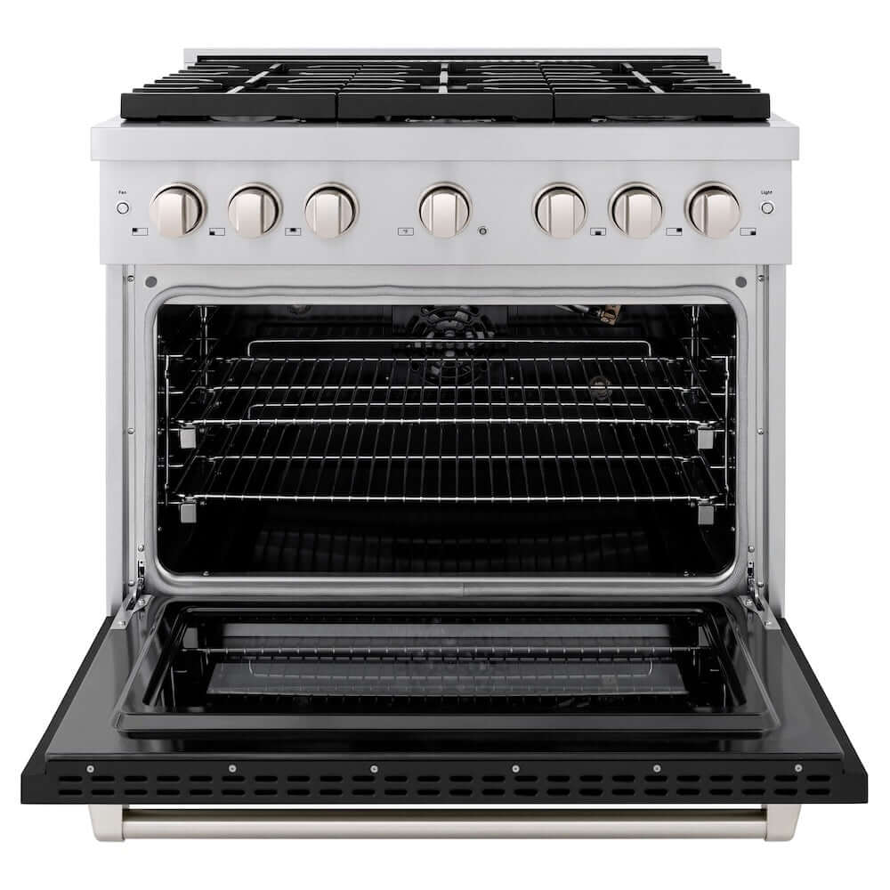 ZLINE 36 in. 5.2 cu. ft. Paramount Gas Range with 6 Burner Cooktop and Convection Gas Oven in Stainless Steel with Black Matte Door (SGR-BLM-36) front, oven open.
