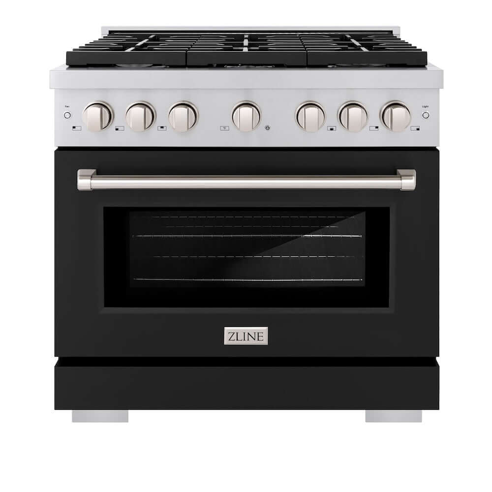 ZLINE 36 in. 5.2 cu. ft. 6 Burner Gas Range with Convection Gas Oven in Stainless Steel with Black Matte Door (SGR-BLM-36) front, oven closed.