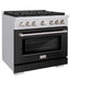 ZLINE 36 in. 5.2 cu. ft. Paramount Gas Range with 6 Burner Cooktop and Convection Gas Oven in Stainless Steel with Black Matte Door (SGR-BLM-36) side, oven closed.