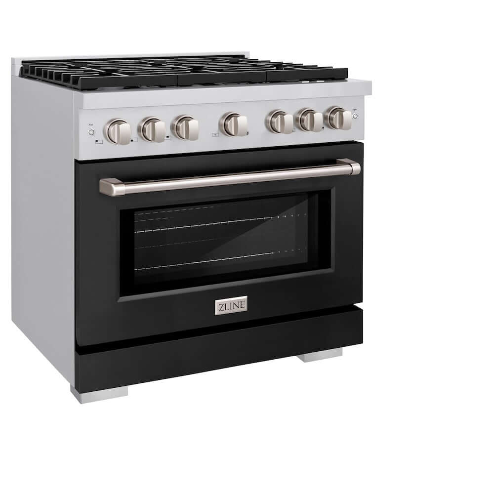 ZLINE 36 in. 5.2 cu. ft. Paramount Gas Range with 6 Burner Cooktop and Convection Gas Oven in Stainless Steel with Black Matte Door (SGR-BLM-36) side, oven closed.