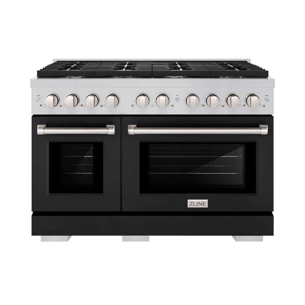 ZLINE 48 in. 6.7 cu. ft. Paramount Double Oven Gas Range with 8 Burner Cooktop in Stainless Steel with Black Matte Doors (SGR-BLM-48) front, oven closed.