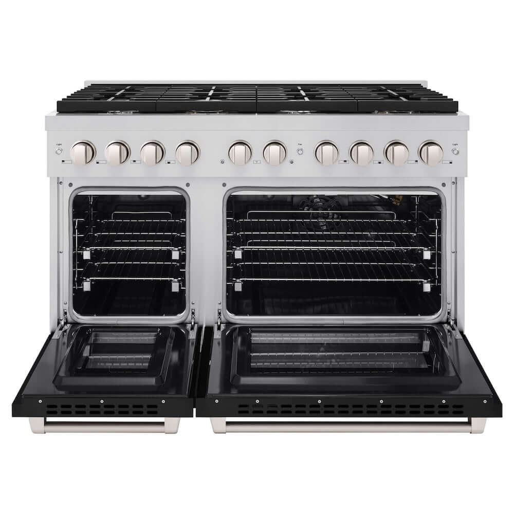 ZLINE 48 in. 6.7 cu. ft. Paramount Double Oven Gas Range with 8 Burner Cooktop in Stainless Steel with Black Matte Doors (SGR-BLM-48) front, oven open.