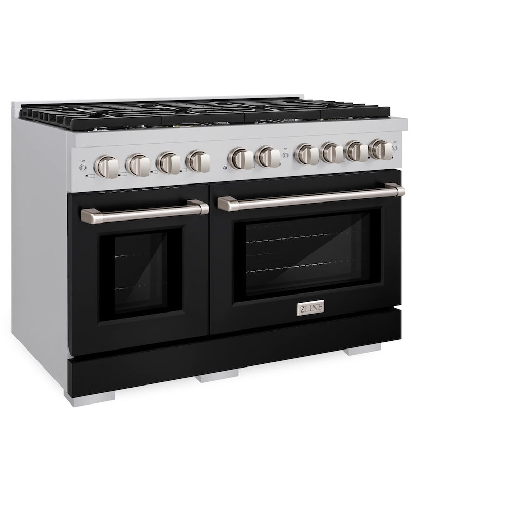 ZLINE 48 in. 6.7 cu. ft. 8 Burner Double Oven Gas Range in Stainless Steel with Black Matte Doors (SGR-BLM-48) side, oven closed.