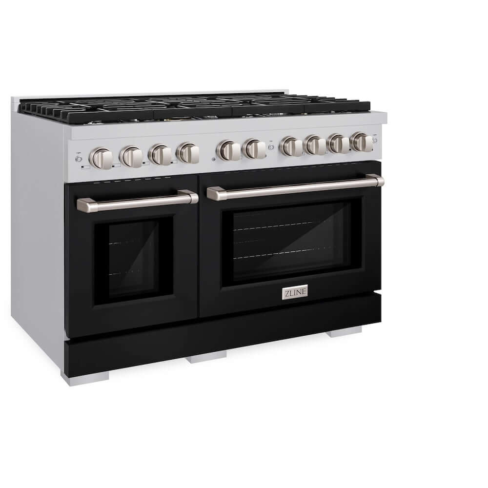 ZLINE 48 in. 6.7 cu. ft. Paramount Double Oven Gas Range with 8 Burner Cooktop in Stainless Steel with Black Matte Doors (SGR-BLM-48) side, oven closed.