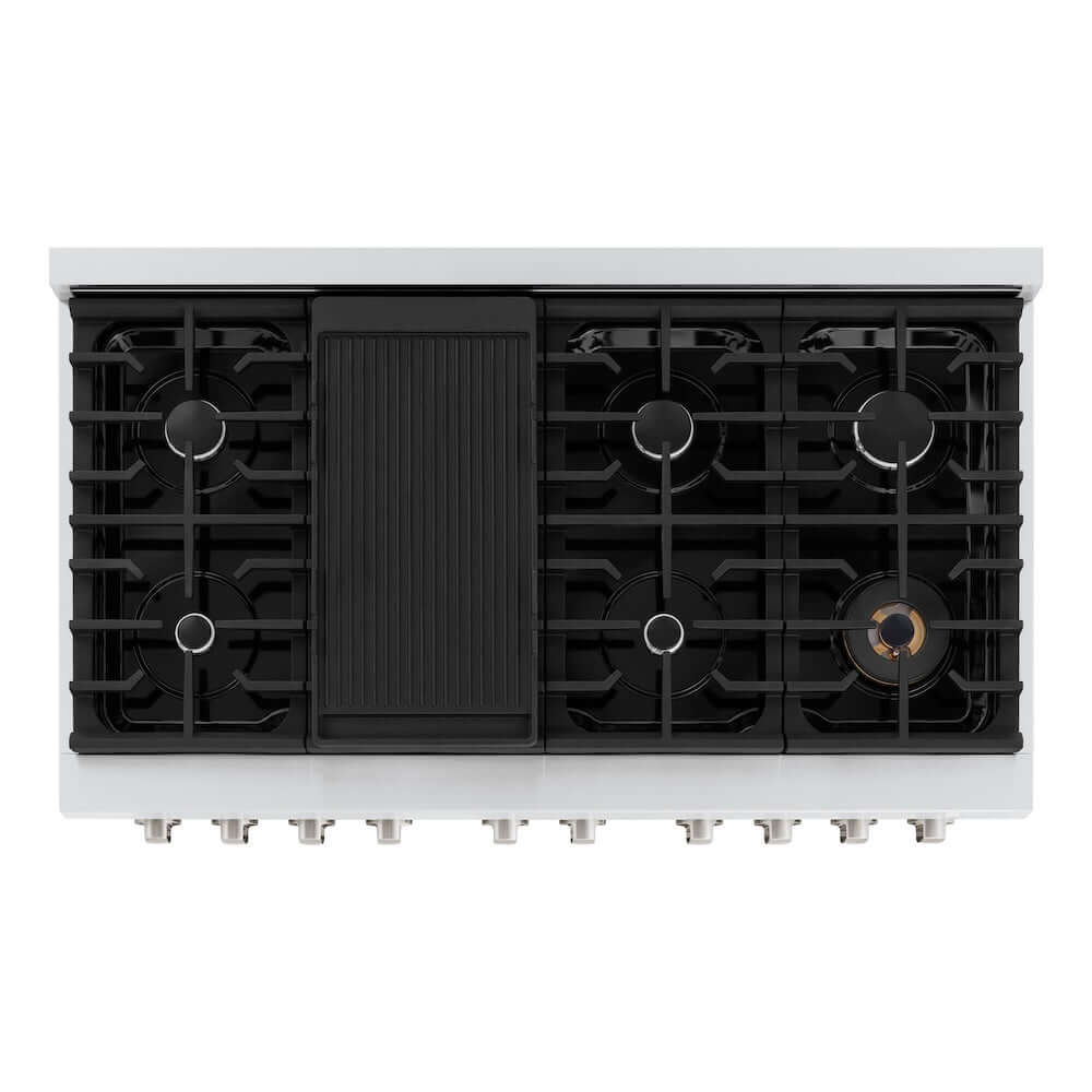 ZLINE 48 in. 6.7 cu. ft. Paramount Double Oven Gas Range with 8 Burner Cooktop in Stainless Steel with Black Matte Doors (SGR-BLM-48) top-down, above cooktop.
