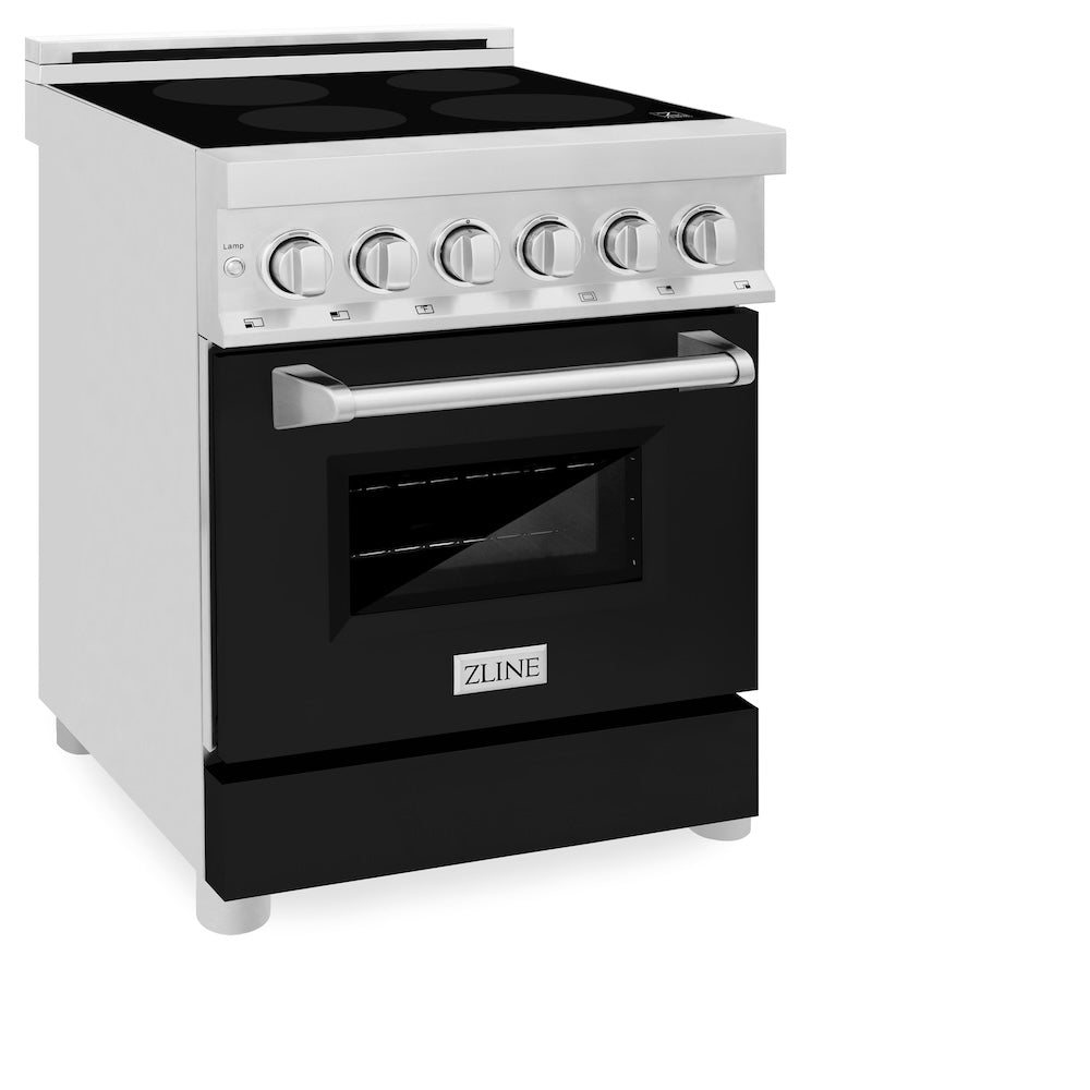 ZLINE 24 in. 2.8 cu. ft. Induction Range with a 4 Element Stove and Electric Oven in Black Matte (RAIND-BLM-24) front, oven open.