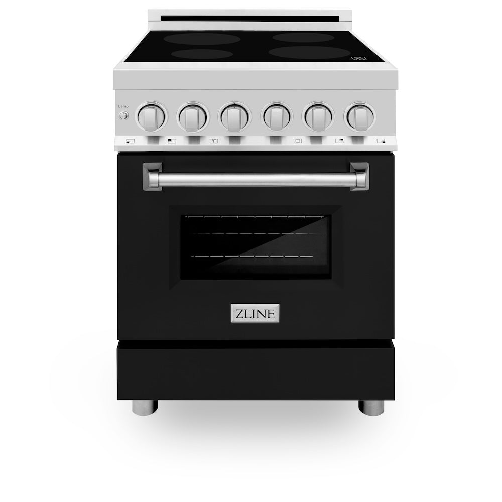 ZLINE 24 in. 2.8 cu. ft. Induction Range with a 4 Element Stove and Electric Oven in Black Matte (RAIND-BLM-24) front, oven closed.