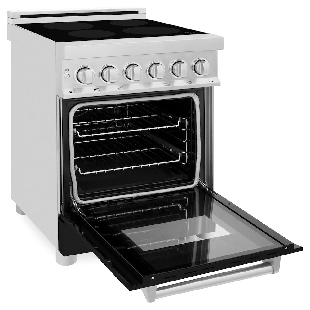 ZLINE 24 in. 2.8 cu. ft. Induction Range with a 4 Element Stove and Electric Oven in Black Matte (RAIND-BLM-24) side, oven open.