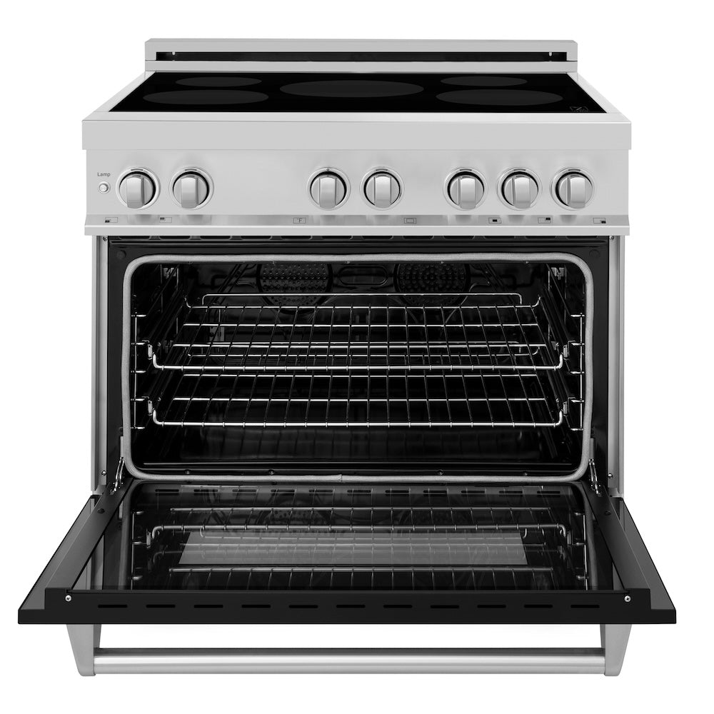 ZLINE 36 in. 4.6 cu. ft. Induction Range with a 5 Element Stove and Electric Oven in Black Matte (RAIND-BLM-36) front, oven open.