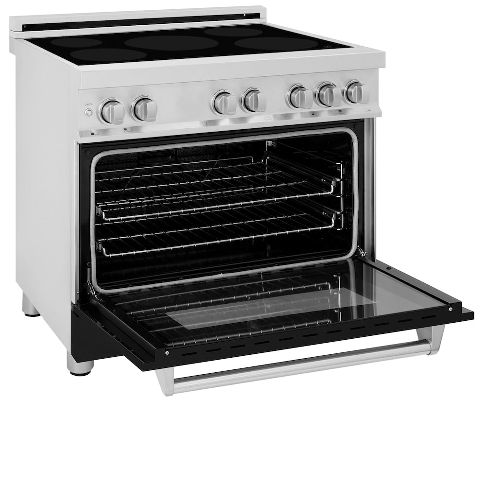 ZLINE 36 in. 4.6 cu. ft. Induction Range with a 5 Element Stove and Electric Oven in Black Matte (RAIND-BLM-36) side, oven open.