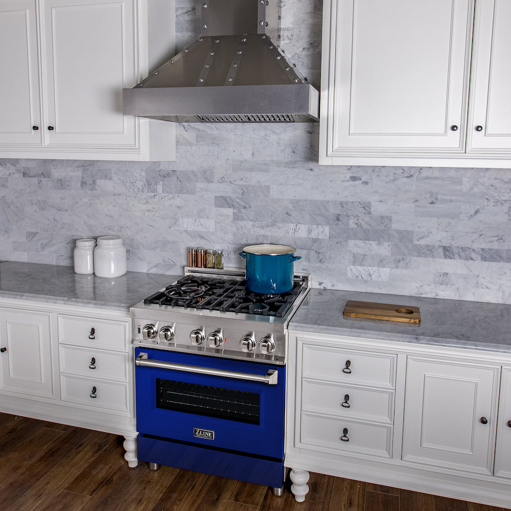 ZLINE 30 in. 4.0 cu. ft. Legacy Dual Fuel Range with 4 Burner Gas Cooktop and Electric Convection Oven in Stainless Steel and Blue Gloss Door (RA-BG-30) in a luxury kitchen.