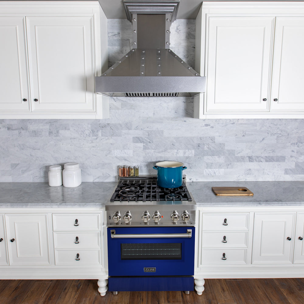 ZLINE 30 in. 4.0 cu. ft. Legacy Dual Fuel Range with 4 Burner Gas Cooktop and Electric Convection Oven in Stainless Steel and Blue Gloss Door (RA-BG-30) in a luxury kitchen, front.