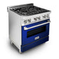 ZLINE 30 in. 4.0 cu. ft. Legacy Dual Fuel Range with 4 Burner Gas Cooktop and Electric Convection Oven in Stainless Steel and Blue Gloss Door (RA-BG-30) side, oven closed.