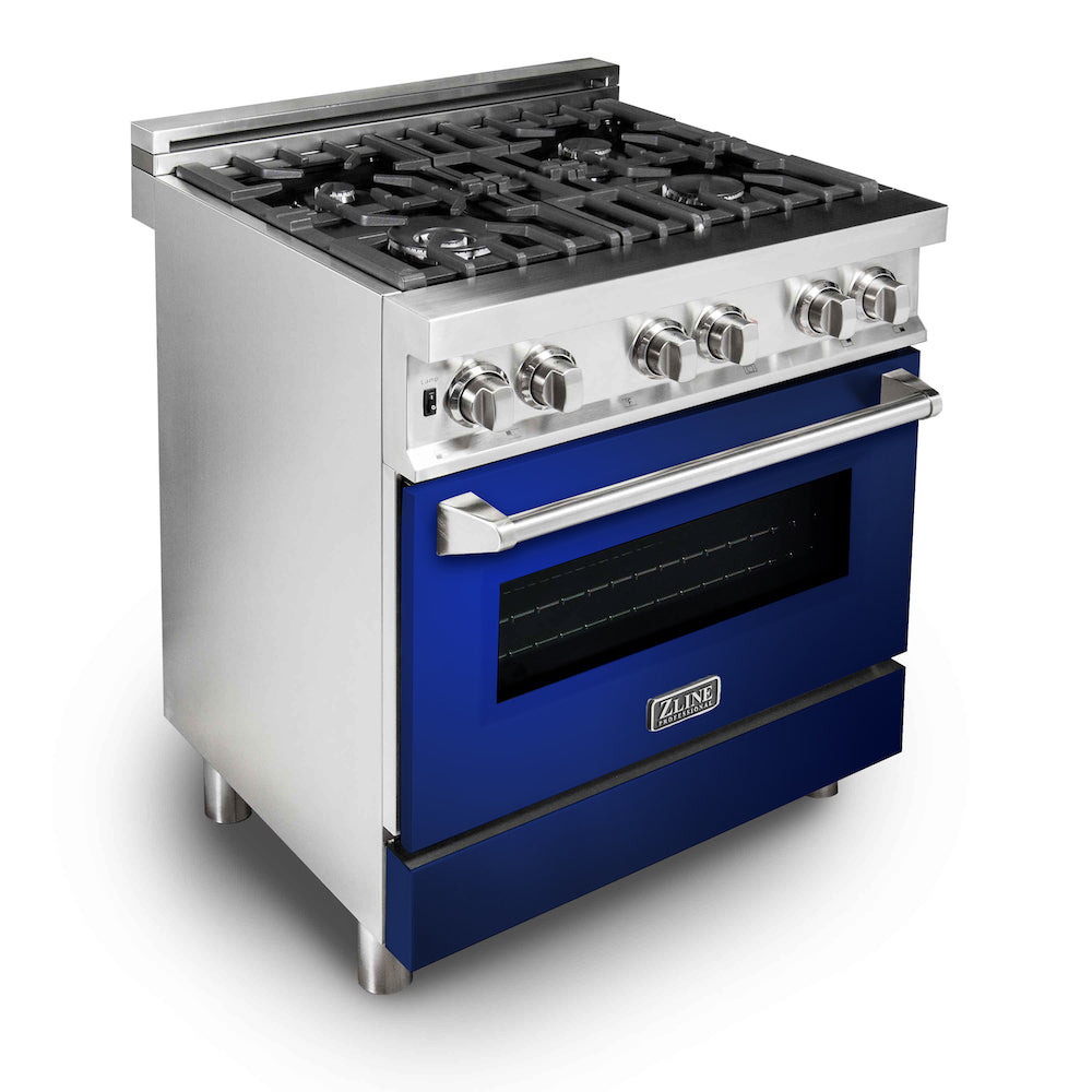 ZLINE 30 in. 4.0 cu. ft. Legacy Dual Fuel Range with 4 Burner Gas Cooktop and Electric Convection Oven in Stainless Steel and Blue Gloss Door (RA-BG-30) side, oven closed.