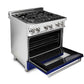 ZLINE 30 in. 4.0 cu. ft. Legacy Dual Fuel Range with 4 Burner Gas Cooktop and Electric Convection Oven in Stainless Steel and Blue Gloss Door (RA-BG-30) side, oven open.