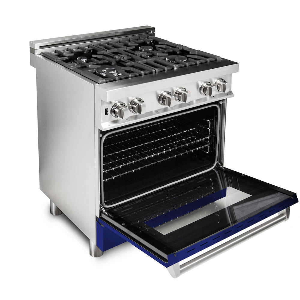 ZLINE 30 in. 4.0 cu. ft. Legacy Dual Fuel Range with 4 Burner Gas Cooktop and Electric Convection Oven in Stainless Steel and Blue Gloss Door (RA-BG-30) side, oven open.