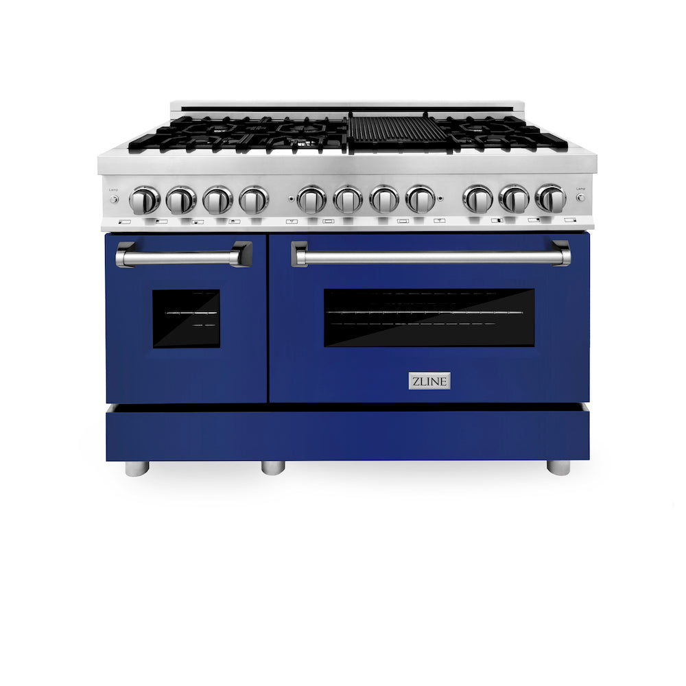 ZLINE 48 in. Professional Dual Fuel Range in Stainless Steel with Blue Gloss Door (RA-BG-48) front, oven closed.