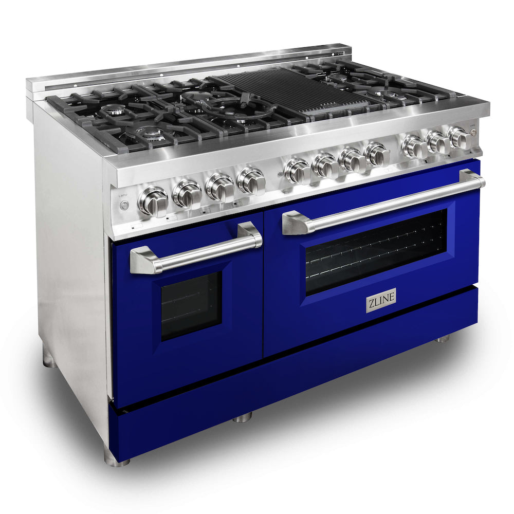 ZLINE 48 in. Professional Dual Fuel Range in Stainless Steel with Blue Gloss Door (RA-BG-48) side, oven closed.