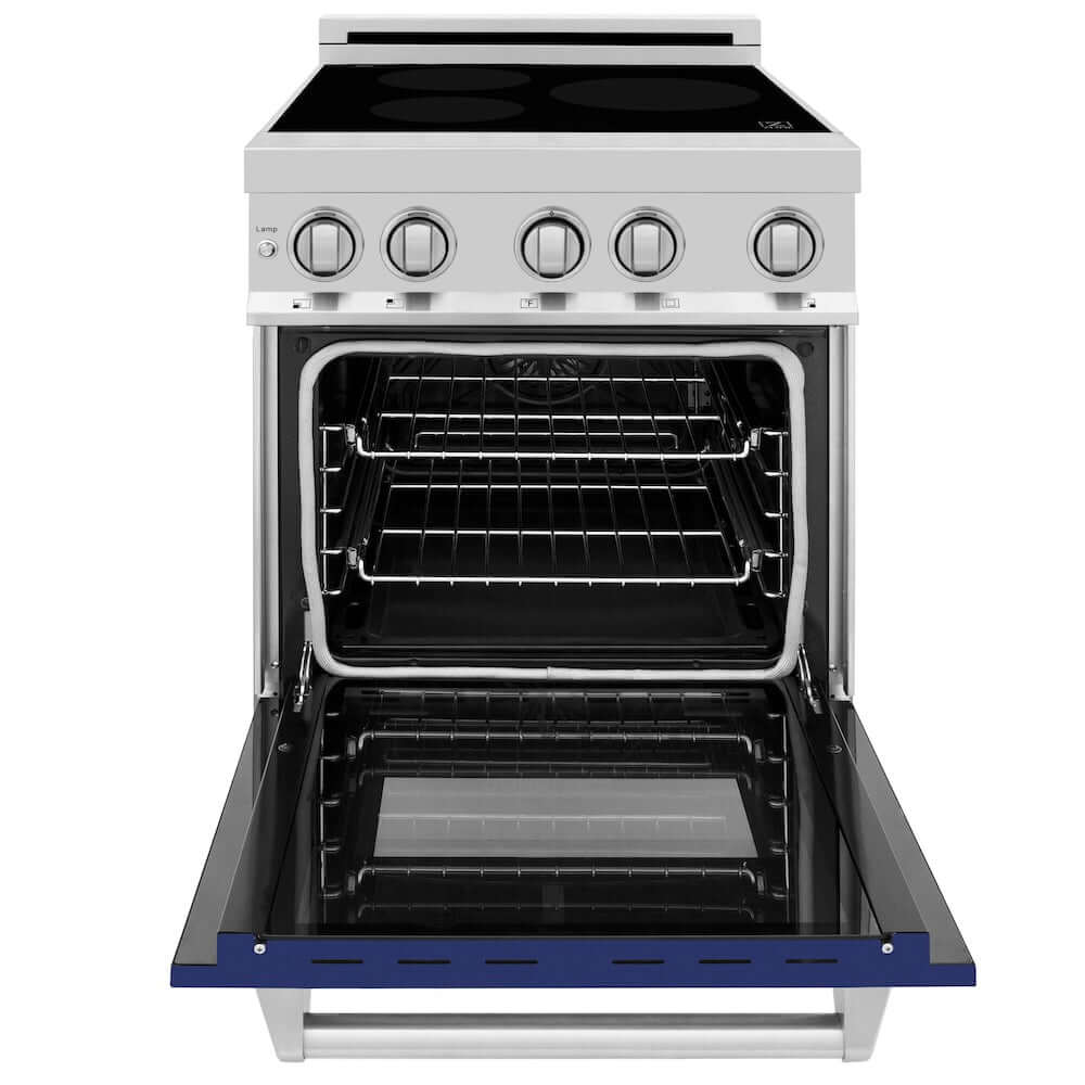 ZLINE 24 in. 2.8 cu. ft. Legacy Induction Range with 4 Element Cooktop and Electric Oven in Stainless Steel and Blue Gloss Door, Open Box-Good Condition