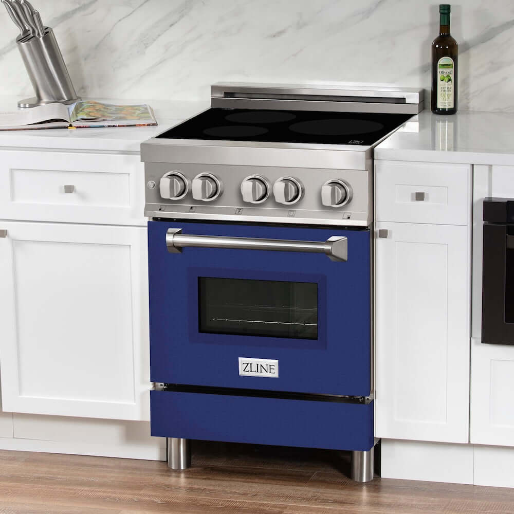 ZLINE 24 in. 2.8 cu. ft. Legacy Induction Range with 4 Element Cooktop and Electric Oven in Stainless Steel and Blue Gloss Door, Open Box-Good Condition