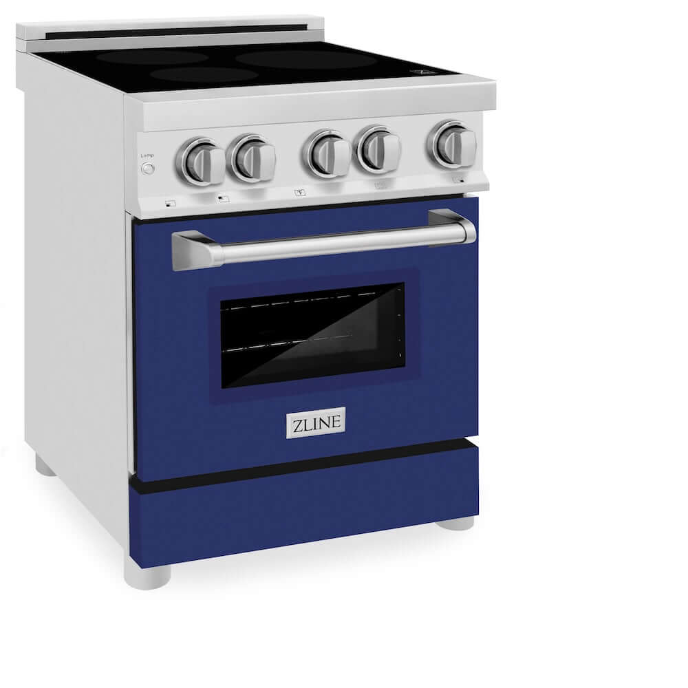 ZLINE 24 in. 2.8 cu. ft. Legacy Induction Range with 4 Element Cooktop and Electric Oven in Stainless Steel and Blue Gloss Door, Open Box-Good Condition