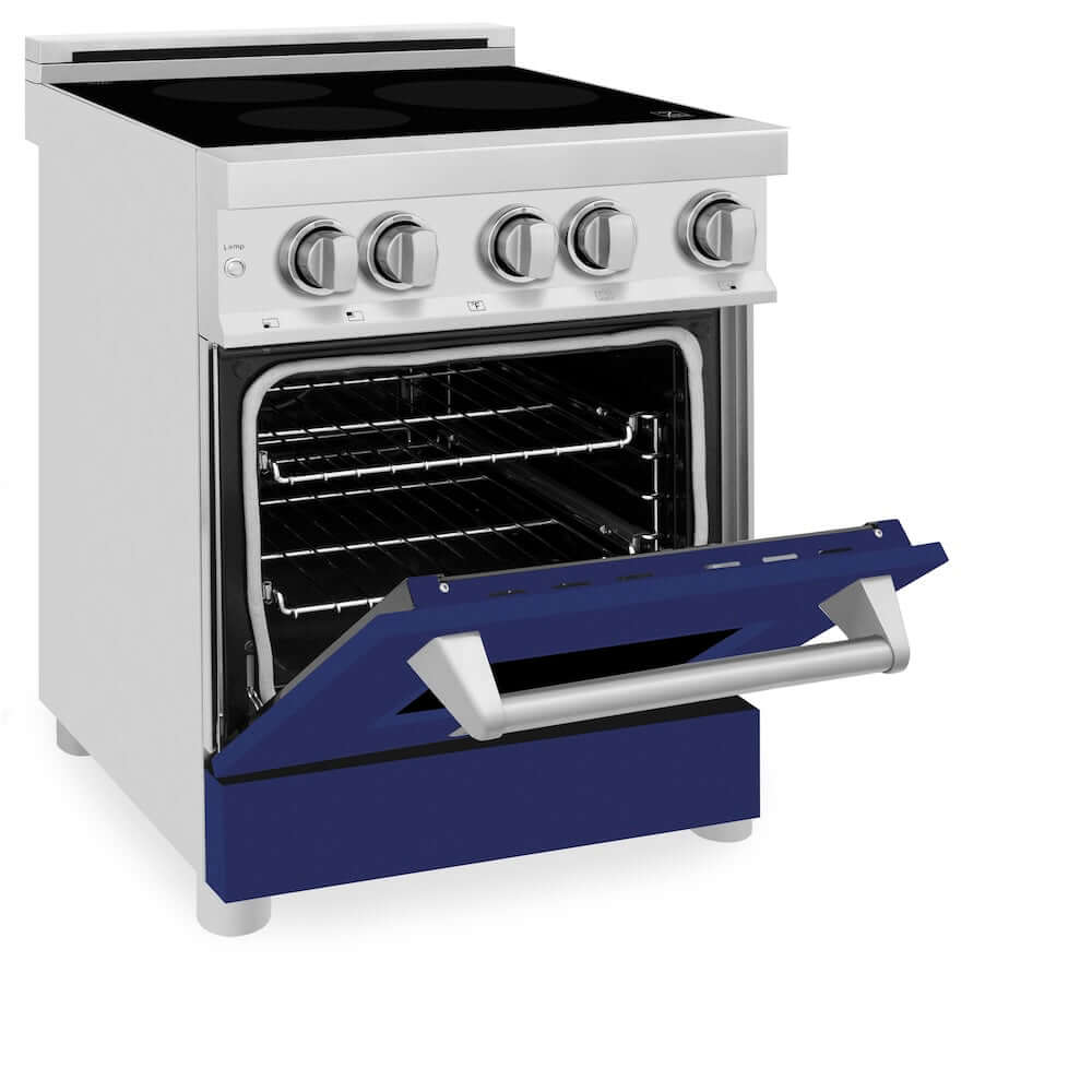 ZLINE 24 in. 2.8 cu. ft. Legacy Induction Range with 4 Element Cooktop and Electric Oven in Stainless Steel and Blue Gloss Door, Open Box-Good Condition