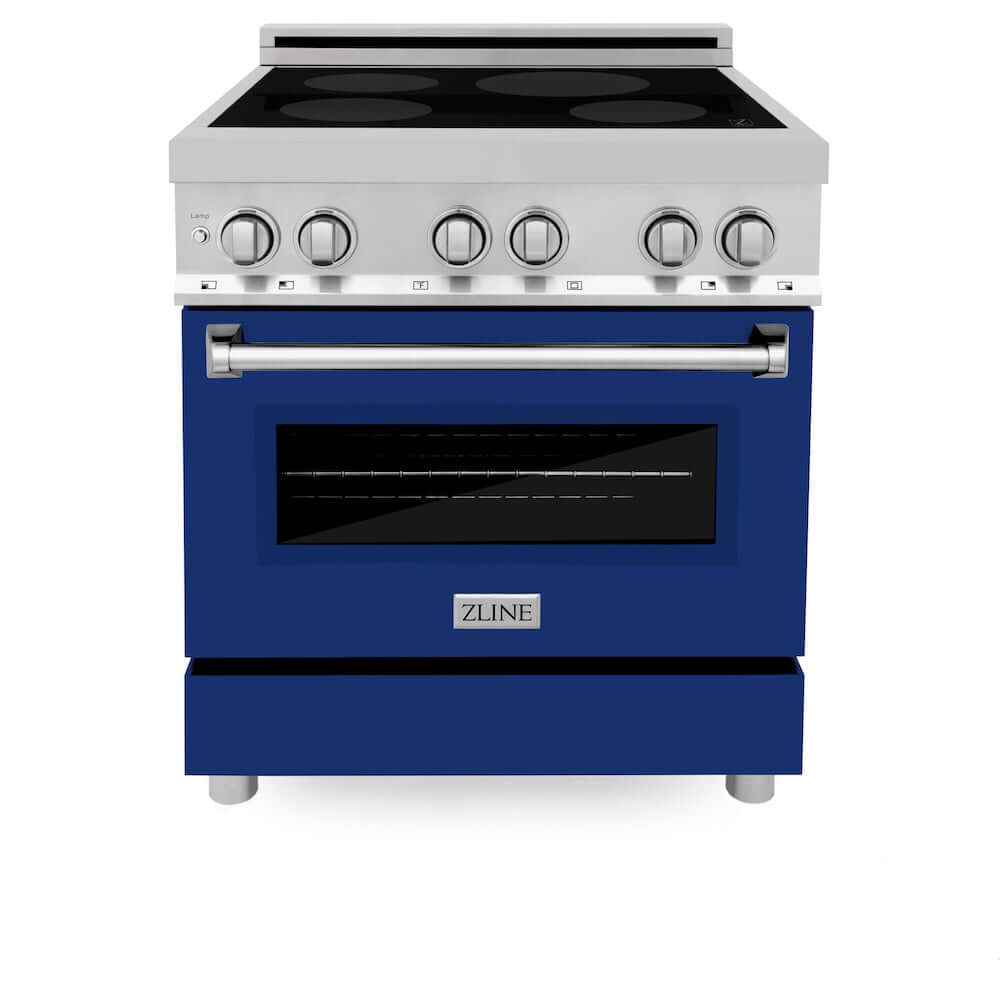 ZLINE 30 in. 4.0 cu. ft. Legacy Induction Range with 4 Element Cooktop and Electric Oven in Stainless Steel and Blue Gloss Door, Open Box-Good Condition
