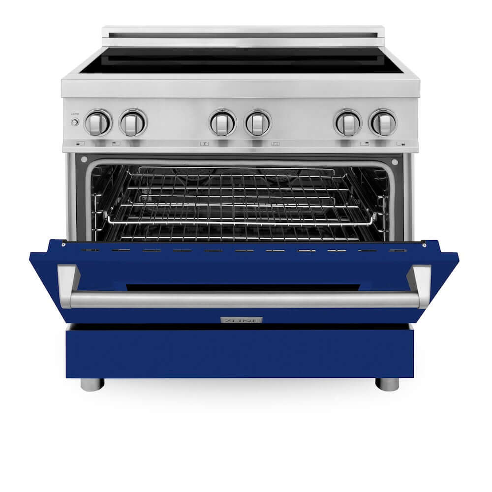 ZLINE 36 in. 4.6 cu. ft. Legacy Induction Range with 5 Element Cooktop and Electric Oven in Stainless Steel and Blue Gloss Door, Open Box-Good Condition