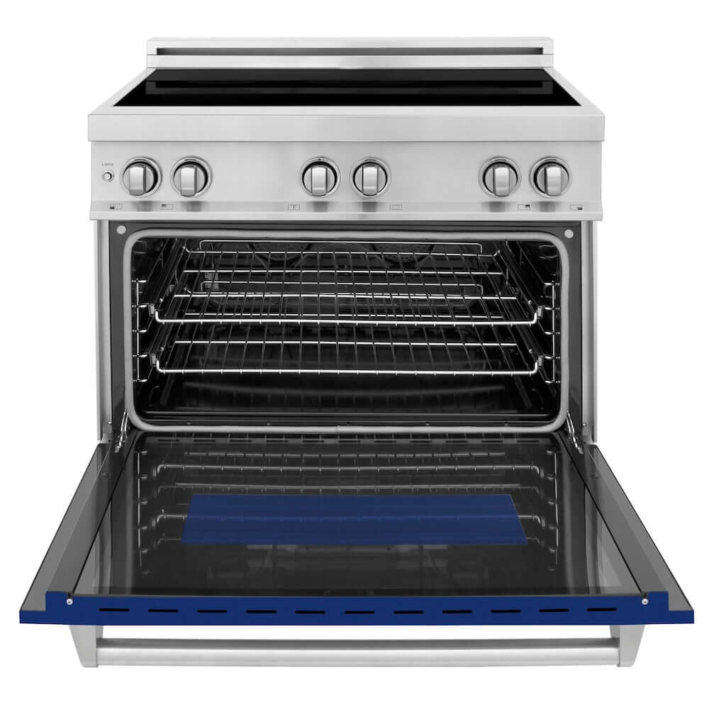 ZLINE 36 in. 4.6 cu. ft. Legacy Induction Range with 5 Element Cooktop and Electric Oven in Stainless Steel and Blue Gloss Door, Open Box-Good Condition