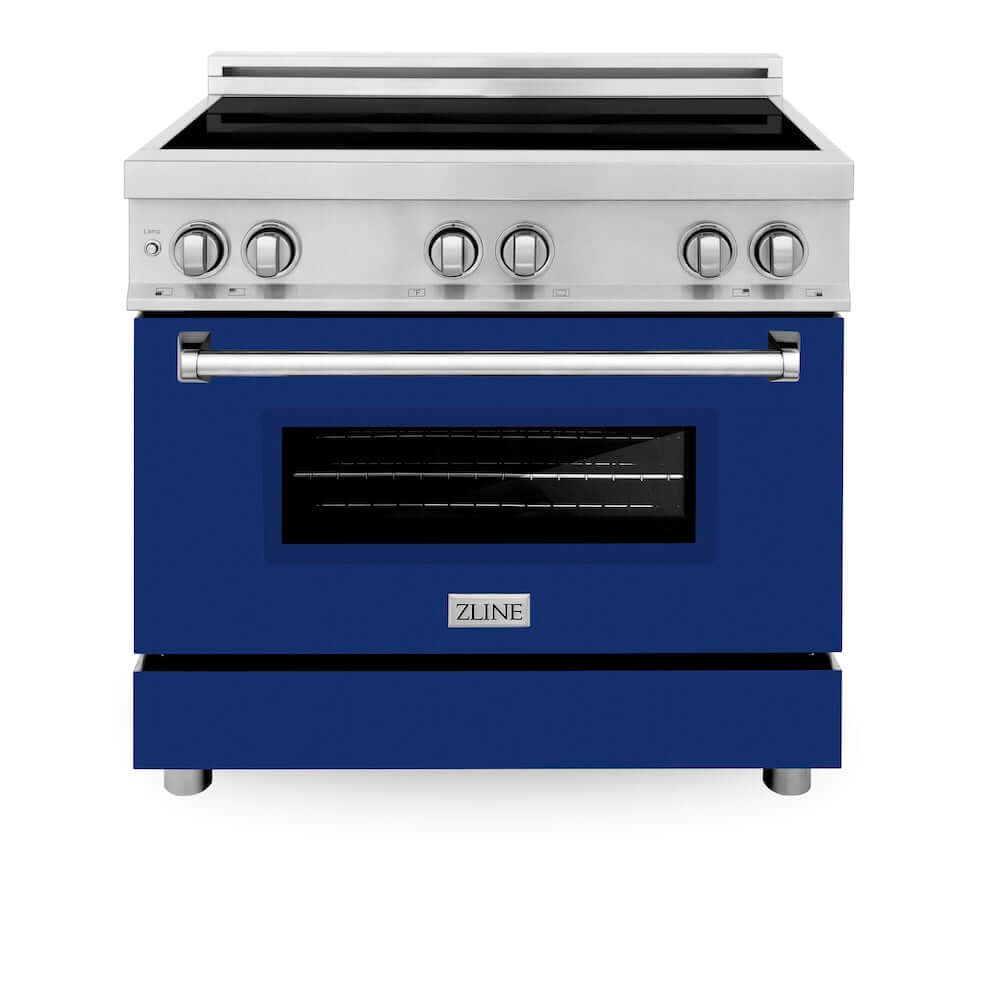 ZLINE 36 in. 4.6 cu. ft. Legacy Induction Range with 5 Element Cooktop and Electric Oven in Stainless Steel and Blue Gloss Door, Open Box-Good Condition