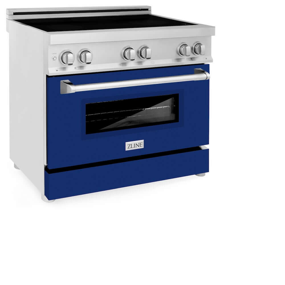 ZLINE 36 in. 4.6 cu. ft. Legacy Induction Range with 5 Element Cooktop and Electric Oven in Stainless Steel and Blue Gloss Door, Open Box-Good Condition