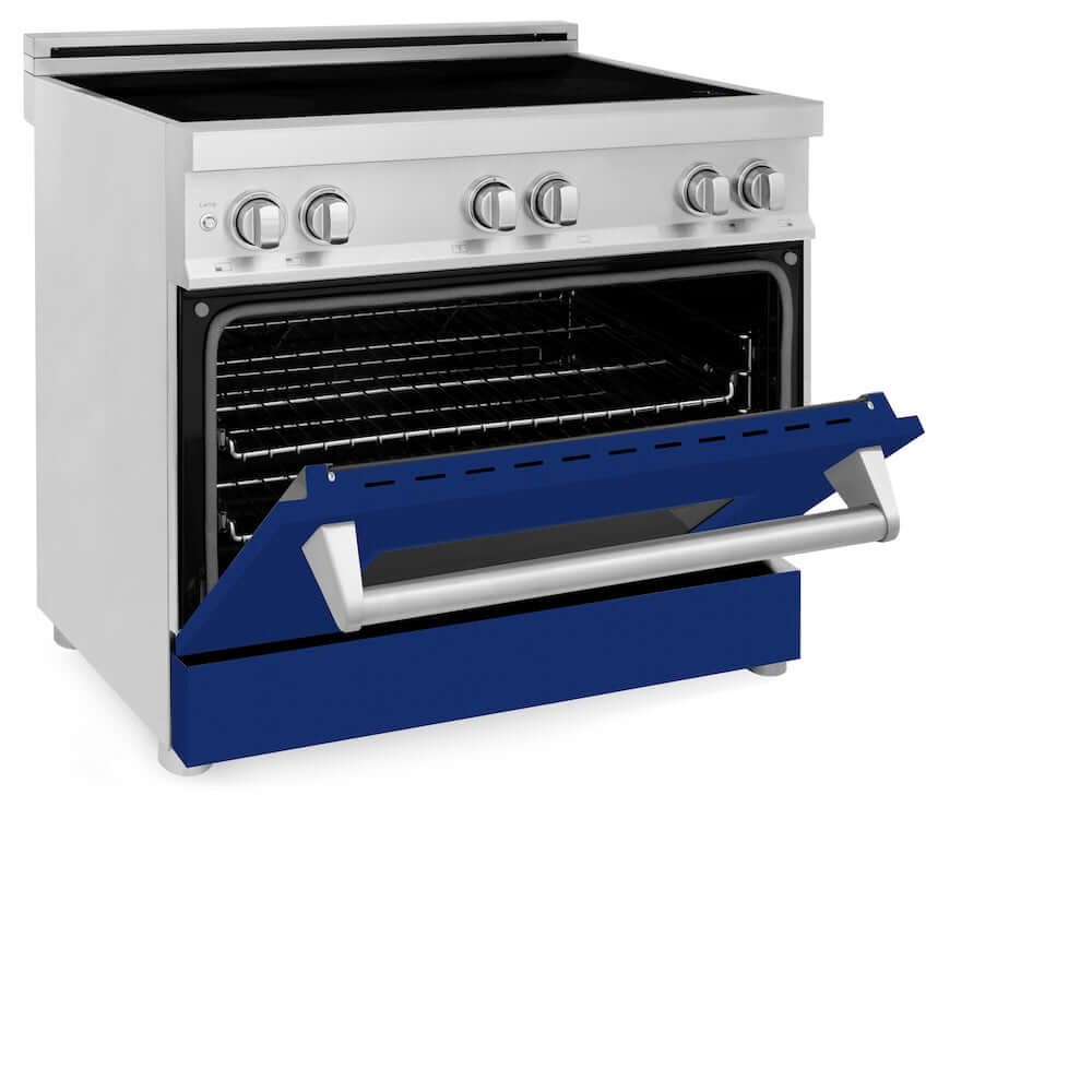 ZLINE 36 in. 4.6 cu. ft. Legacy Induction Range with 5 Element Cooktop and Electric Oven in Stainless Steel and Blue Gloss Door, Open Box-Good Condition