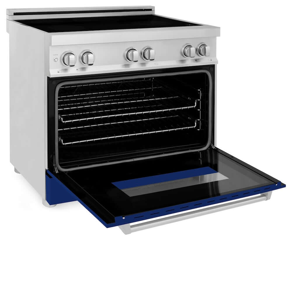 ZLINE 36 in. 4.6 cu. ft. Legacy Induction Range with 5 Element Cooktop and Electric Oven in Stainless Steel and Blue Gloss Door, Open Box-Good Condition