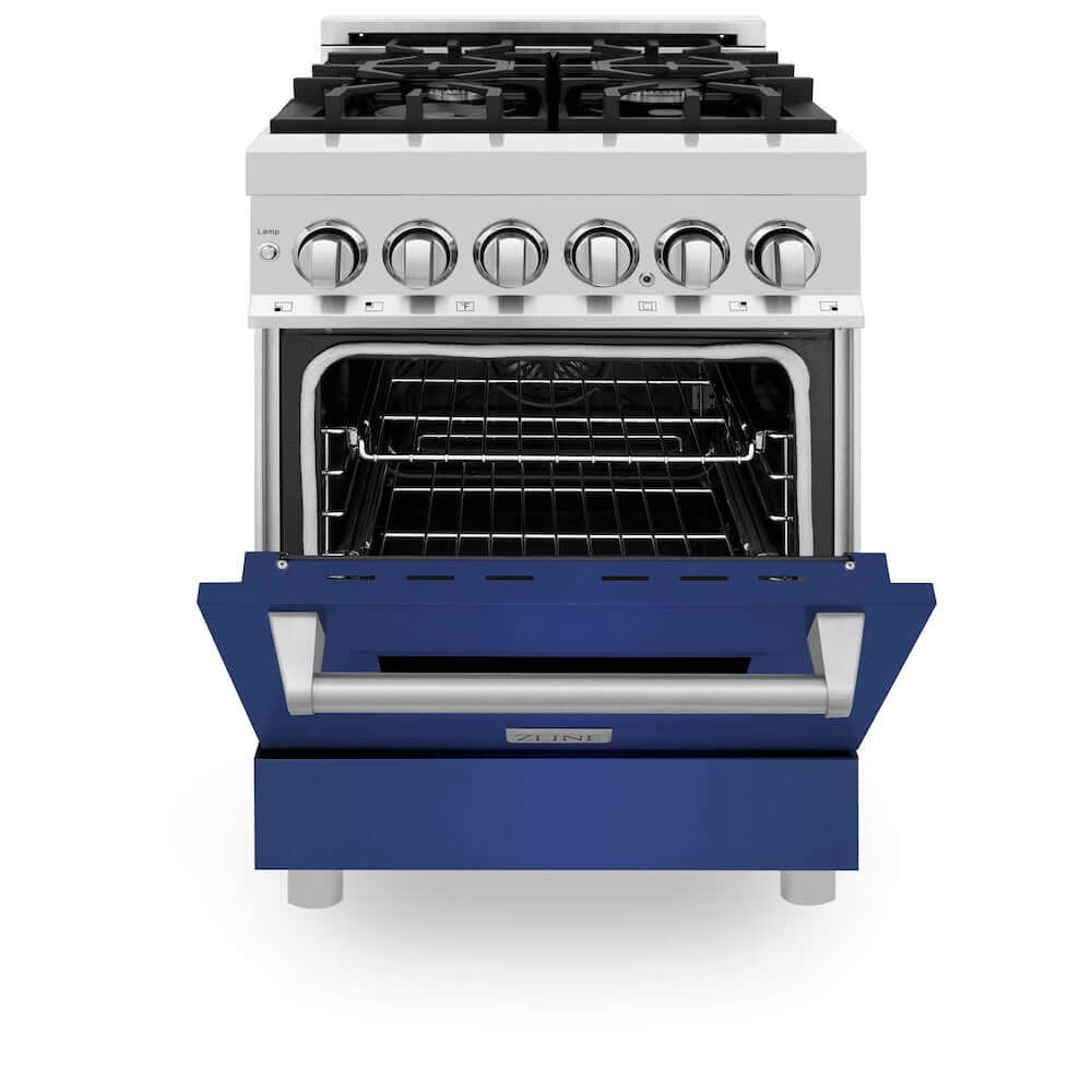 ZLINE 24 in. 2.8 cu. ft. Dual Fuel Range with Gas Stove and Electric Oven in Stainless Steel and Blue Matte Door (RA-BM-24) front, oven half open.