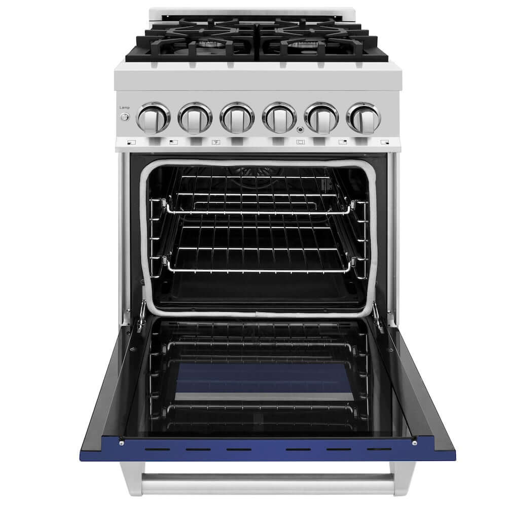 ZLINE 24 in. 2.8 cu. ft. Dual Fuel Range with Gas Stove and Electric Oven in Stainless Steel and Blue Matte Door (RA-BM-24) front, oven open.